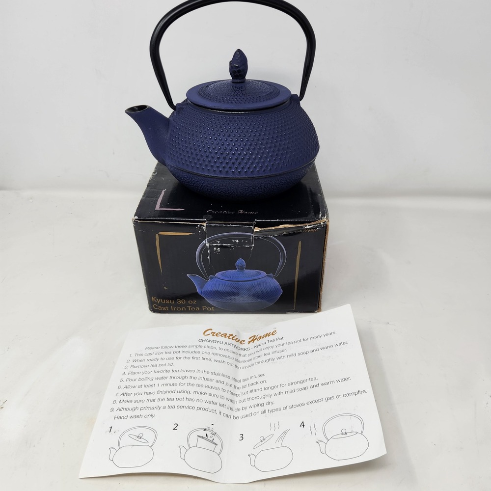 Creative Home Chanoyu Artworks Kyusu 30oz Cast Iron Tea Pot Blue Hobnail